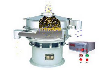 超聲波振動(dòng)篩工作原理：物料進(jìn)入超聲波振動(dòng)篩體內(nèi)，通過(guò)振動(dòng)電機(jī)與超聲波換能器的配合使用實(shí)現(xiàn)，物料的篩分，分級(jí)，除雜等篩分目的。