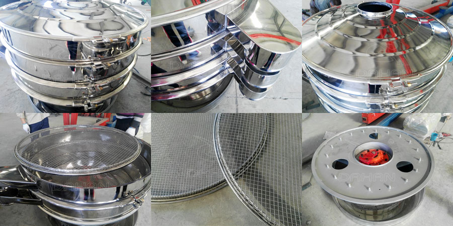 藕粉振動(dòng)篩細(xì)節(jié)：鎖緊扣，出料口，防塵蓋，篩網(wǎng)，振動(dòng)底座。