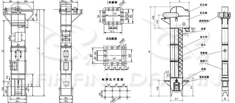 TD/D型斗式提升機(jī)基本結(jié)構(gòu):機(jī)頭蓋，機(jī)頭座，減速電機(jī)，直管，底座，緊張裝置等。