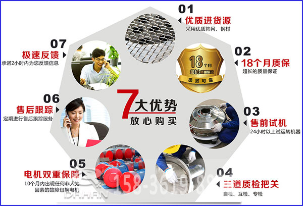 大漢食品振動(dòng)篩的7大優(yōu)勢(shì)：優(yōu)質(zhì)進(jìn)貨源，售后跟蹤，售前試機(jī)等。