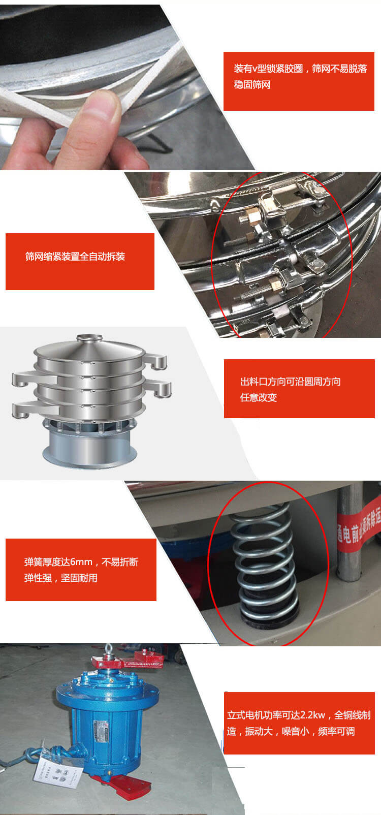 裝有V型鎖緊膠圈，使篩網(wǎng)不易脫落穩(wěn)固篩網(wǎng)，篩網(wǎng)鎖緊裝置，全自動拆裝，出料口方向可沿圓周方向任意改變。彈簧厚度達6mm，不易折斷，彈性強，堅固耐用。專業(yè)的振動電機，全銅線制造，振動大，機械噪音小，頻率可調(diào)。產(chǎn)品對比:材質(zhì)：大漢振動篩廠家采用304不銹鋼材質(zhì)耐腐蝕性，耐熱性強。個別廠家采用其它金屬材質(zhì)，耐腐蝕性，耐熱性差蒸發(fā)緩慢，烘干效率較低。大漢振動篩廠家采用金屬編織網(wǎng)，篩分精度高，效率高，篩網(wǎng)利用率高。