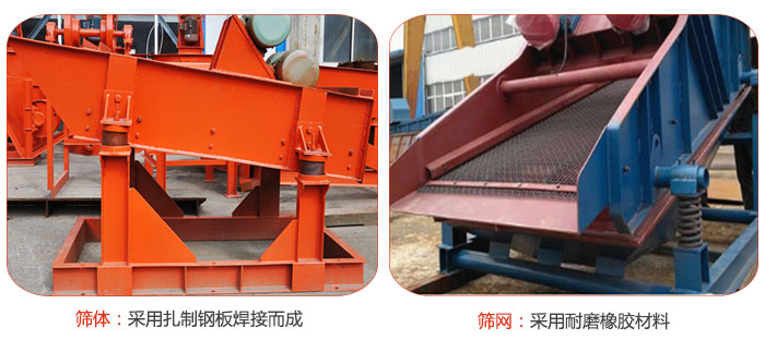 礦用振動(dòng)篩特點(diǎn)：篩體采用扎制鋼板焊接而成，篩網(wǎng)采用耐磨橡膠材質(zhì)