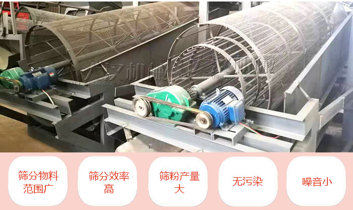 滾筒篩分機(jī)主要特點(diǎn)：篩分物料范圍廣，篩分效率高，篩分產(chǎn)量大，無污染，噪音小。