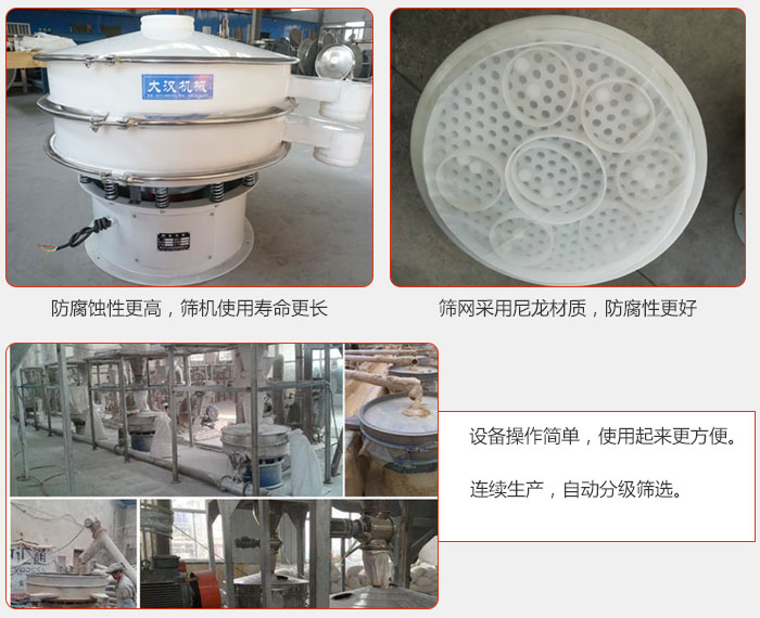 直徑1000型塑料振動篩特點：1，防腐蝕性更高，篩機使用壽命更長.2，篩網(wǎng)采用尼龍材質(zhì)，防腐性更好，3，設(shè)備操作簡單，使用起來更方便。4，連續(xù)生產(chǎn)，自動分級篩選。