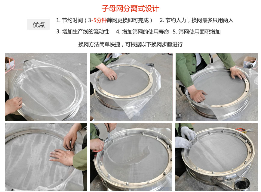 大漢振動機械換網(wǎng)優(yōu)勢：1，節(jié)省時間（3-5分鐘篩網(wǎng)更換即可完成）2，節(jié)省人力，換網(wǎng)只有兩人。3.增加生產(chǎn)線的流暢性。4.增加篩網(wǎng)壽命，彈跳球不直接撞擊子網(wǎng)。5.篩網(wǎng)使用面積增加。