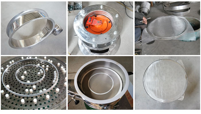 不銹鋼小型振動篩細節(jié)：振動篩篩框，振動電機座，篩網，彈跳球，密封圈，篩網網架。