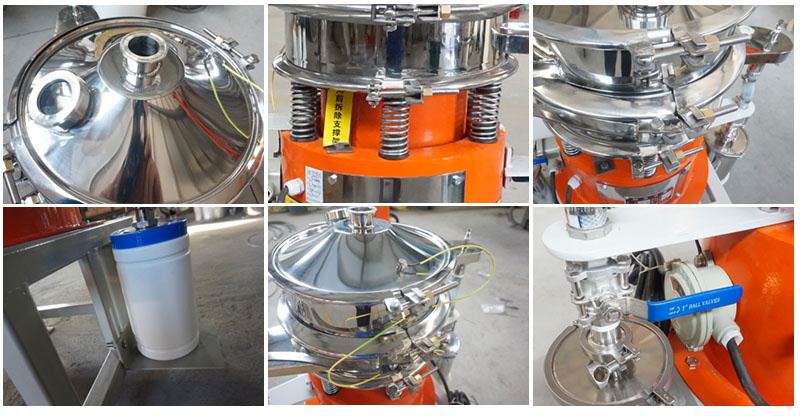 氣體保護(hù)超聲波振動(dòng)篩細(xì)節(jié)：控制閥，料罐，篩網(wǎng)。