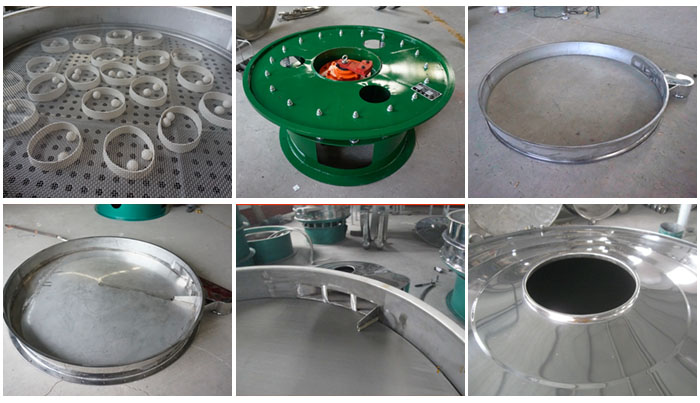 大型旋振篩細節(jié)：大型旋振篩篩網(wǎng)，大型旋振篩篩框，大型旋振篩防塵蓋。