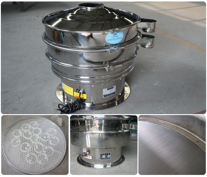 1000型全不銹鋼振動篩細節(jié)展示：振動篩網，震動篩底座，振動篩篩網。