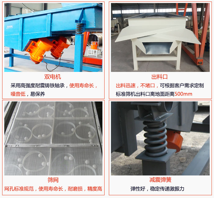 1030直線振動篩雙電機采用高強度耐震鑄鐵軸承使用壽命長、噪音低，易保養(yǎng)；出料口排料迅速，不堵口，可根據(jù)客戶需求定制，標準機器出料口離地面距離500mm;篩網網孔標準規(guī)范、使用壽命長，耐磨損、精度高；減震彈簧：彈性好，穩(wěn)定傳遞激振力。