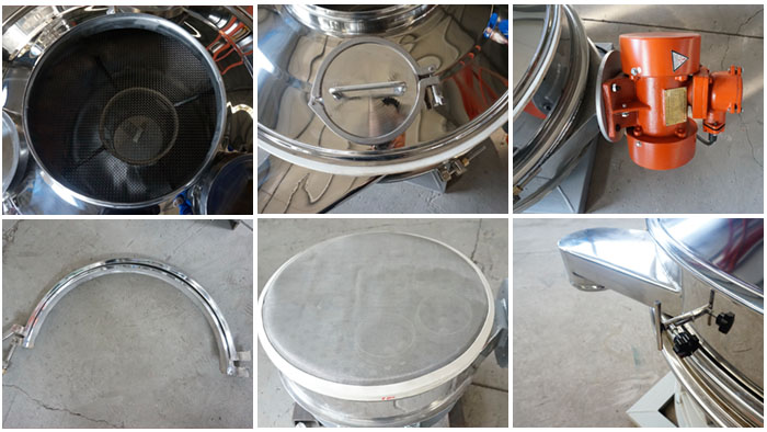 單振源直排篩細節(jié)展示：防塵蓋，振動源，振動篩網(wǎng)，大束環(huán)，控制開關(guān)等。