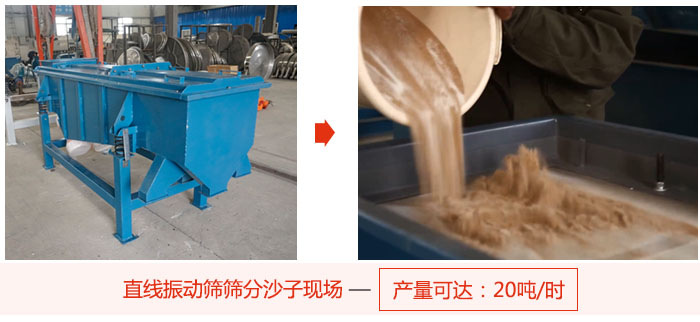 直線振動篩篩分沙子現(xiàn)場展示，產(chǎn)量高達(dá)20噸每小時。