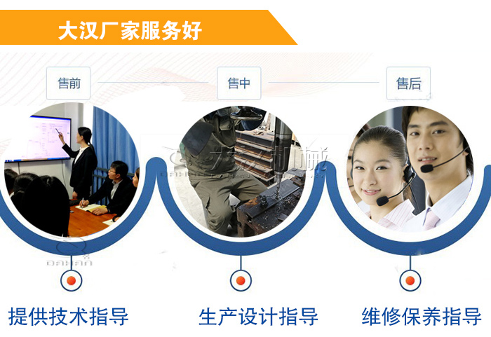 大漢廠家服務(wù)流程：售前-售中-售后：提供技術(shù)指導(dǎo)，生產(chǎn)設(shè)計指導(dǎo)，維修保養(yǎng)指導(dǎo)。