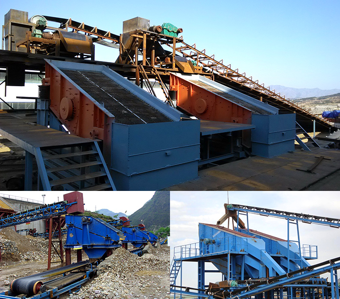 礦用振動篩石子篩分現(xiàn)場。