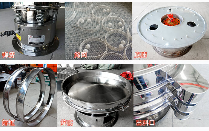 細節(jié)展示：篩框，篩網(wǎng)，振動底座，振動體，出料口。