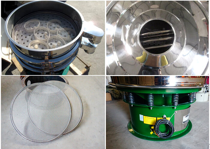 單層振動篩細(xì)節(jié)：篩網(wǎng)，進(jìn)料口，振動彈簧，彈跳球。